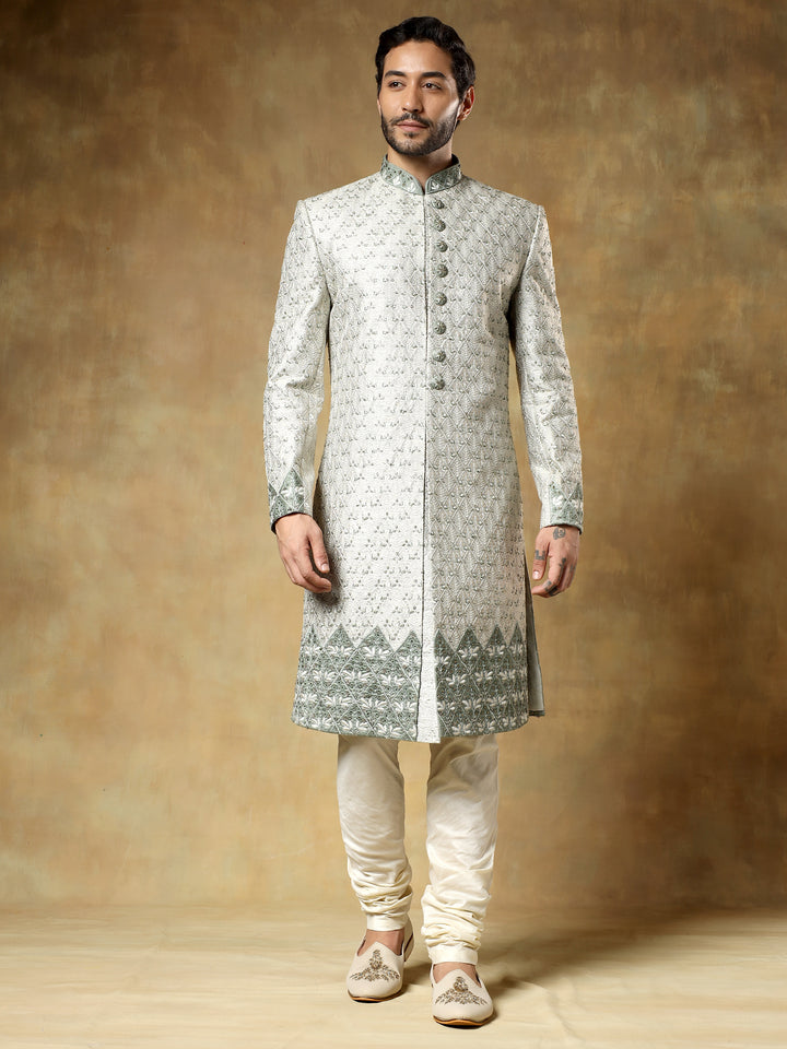 Pista Jacquard Sherwani Set