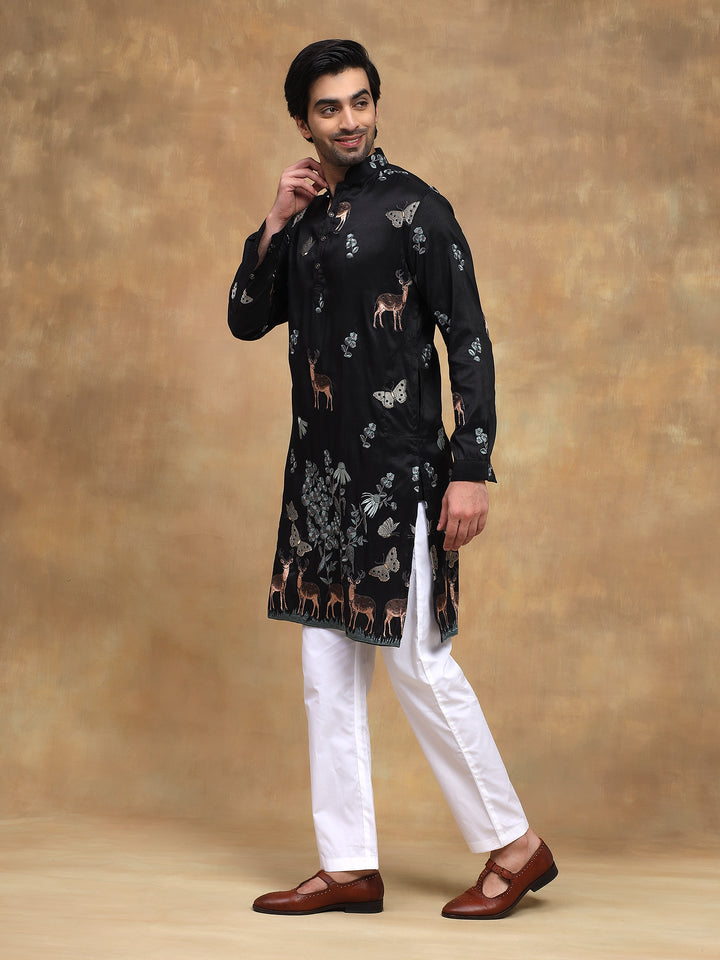 Black Nature Motif Embroidered Kurta Set