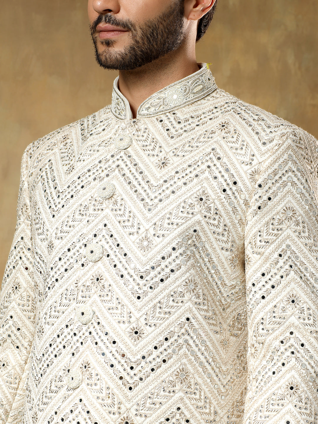 Cream Embroidered Sherwani Set