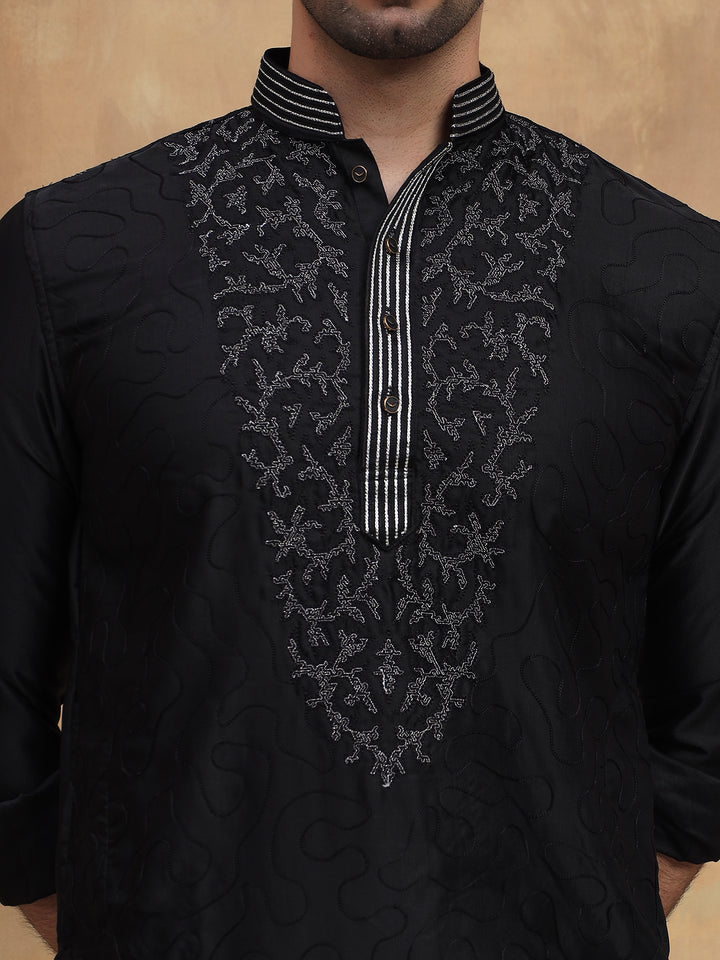 Black Refined Embroidered Kurta Set