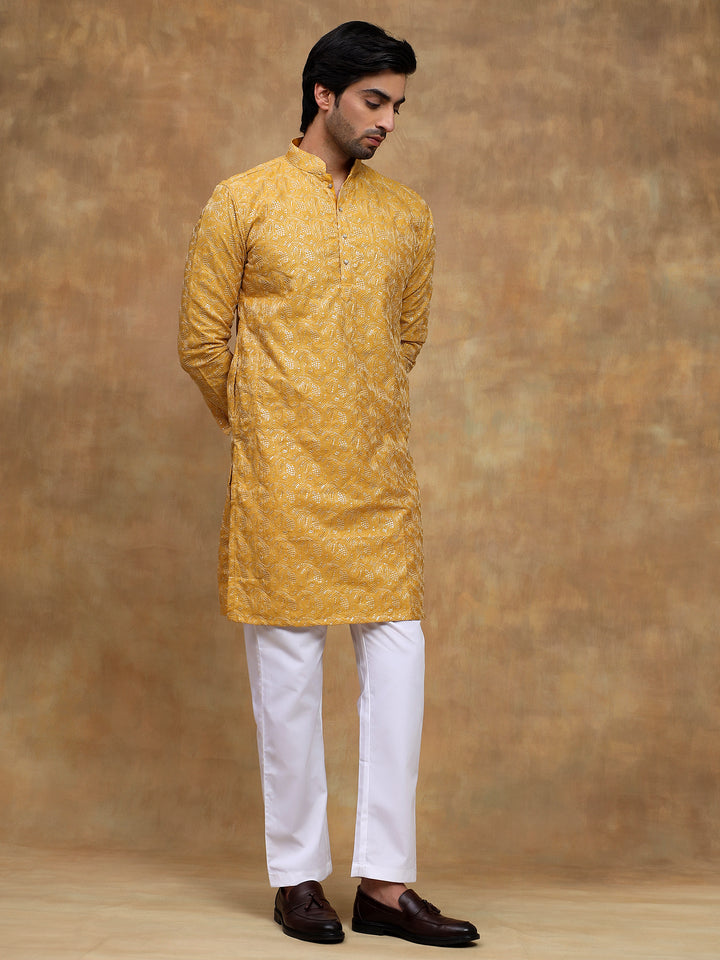 Yellow Leaf Threadwork Kurta Set