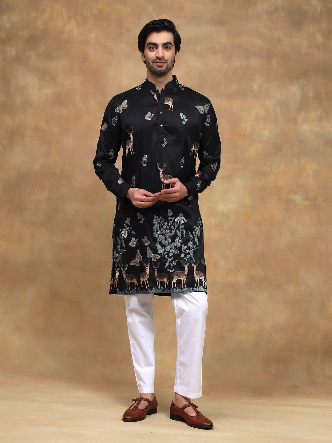 Black Nature Motif Embroidered Kurta Set