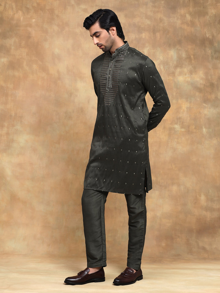 Mehandi Front Embroidered Kurta Set