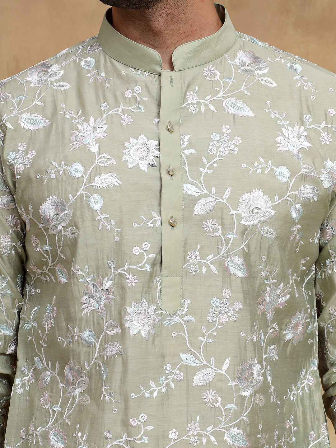 Pista Floral Embroidered Kurta Set