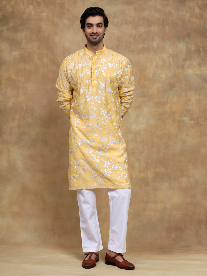 Yellow Floral Embroidered Kurta Set