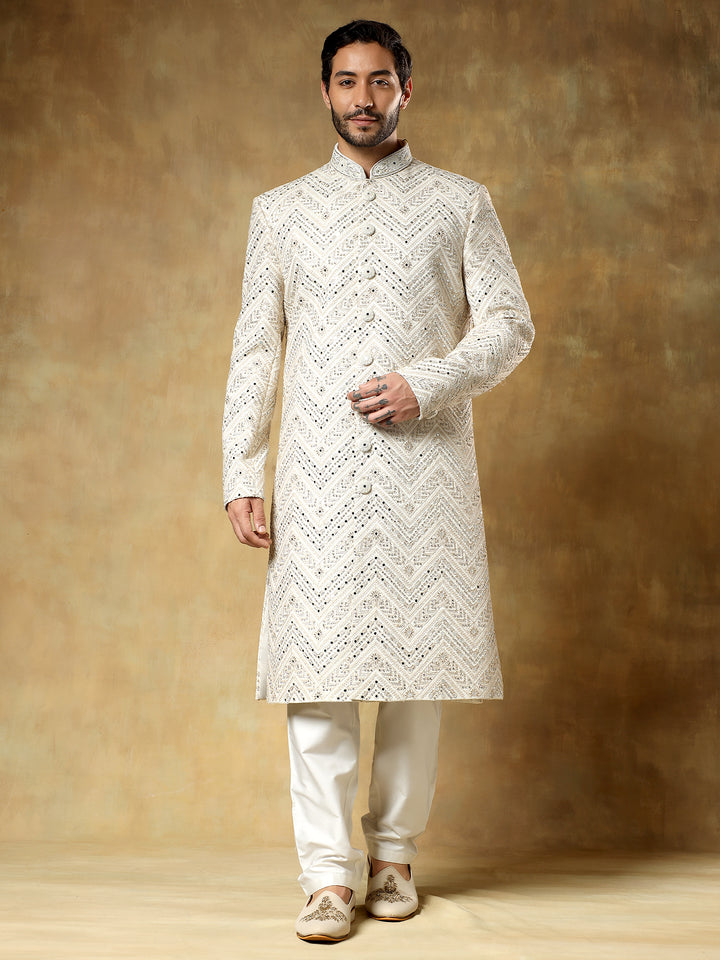 Cream Embroidered Sherwani Set
