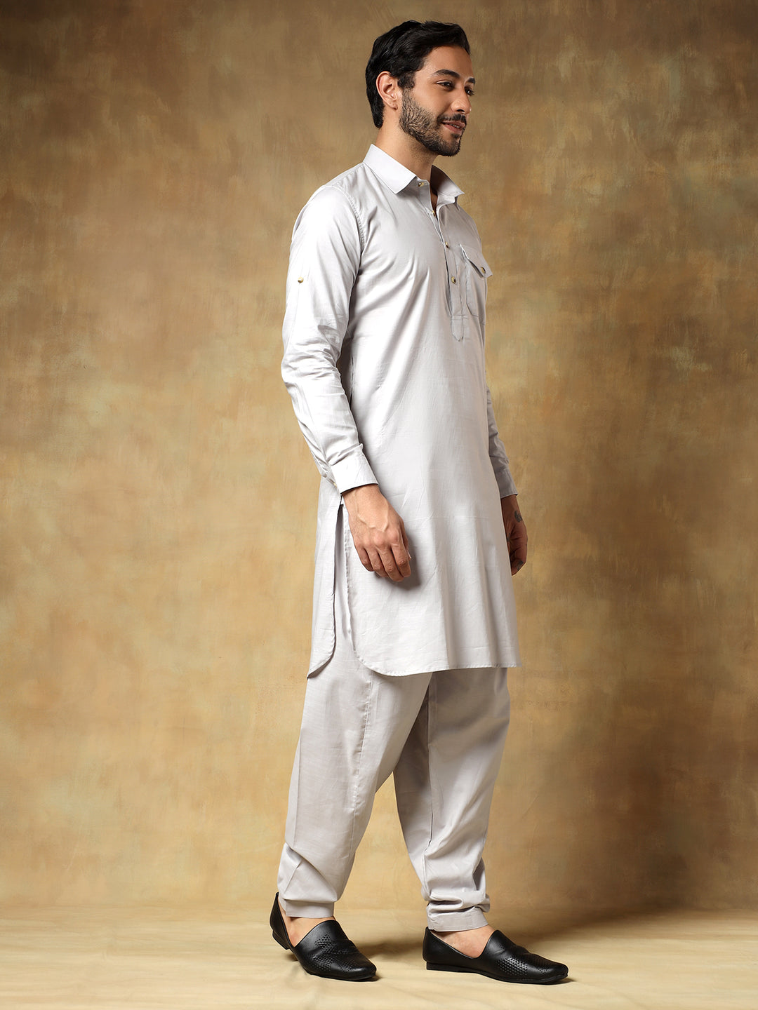 Grey Cotton Pathani Set