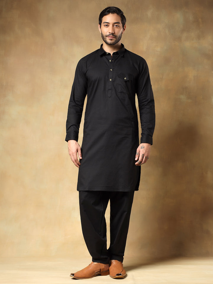 Black Cotton Pathani Set