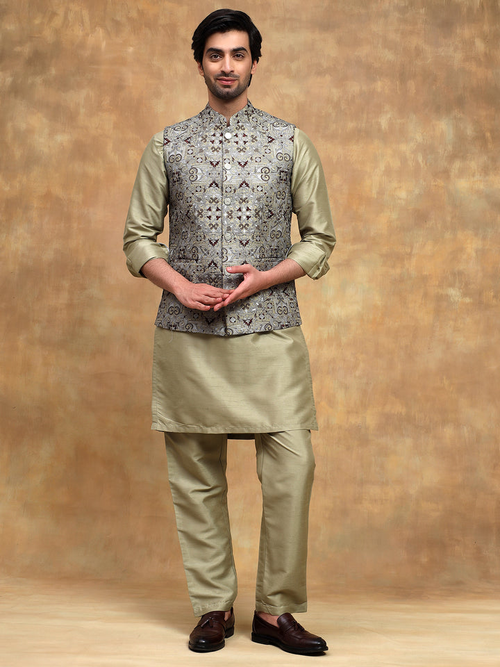 Pista Mirror Embroidered Kurta Set