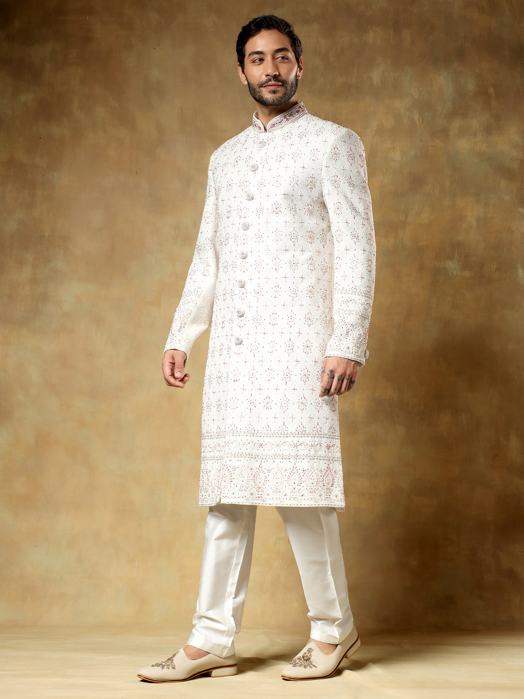 Off white Embroidered Sherwani with Stole
