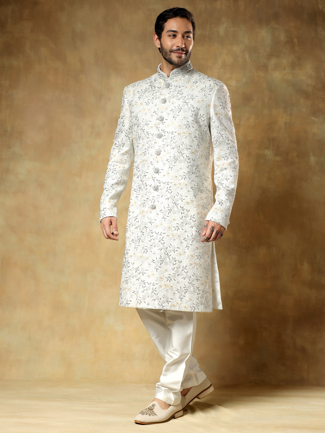 White Embroidered Sherwani Set for Groom