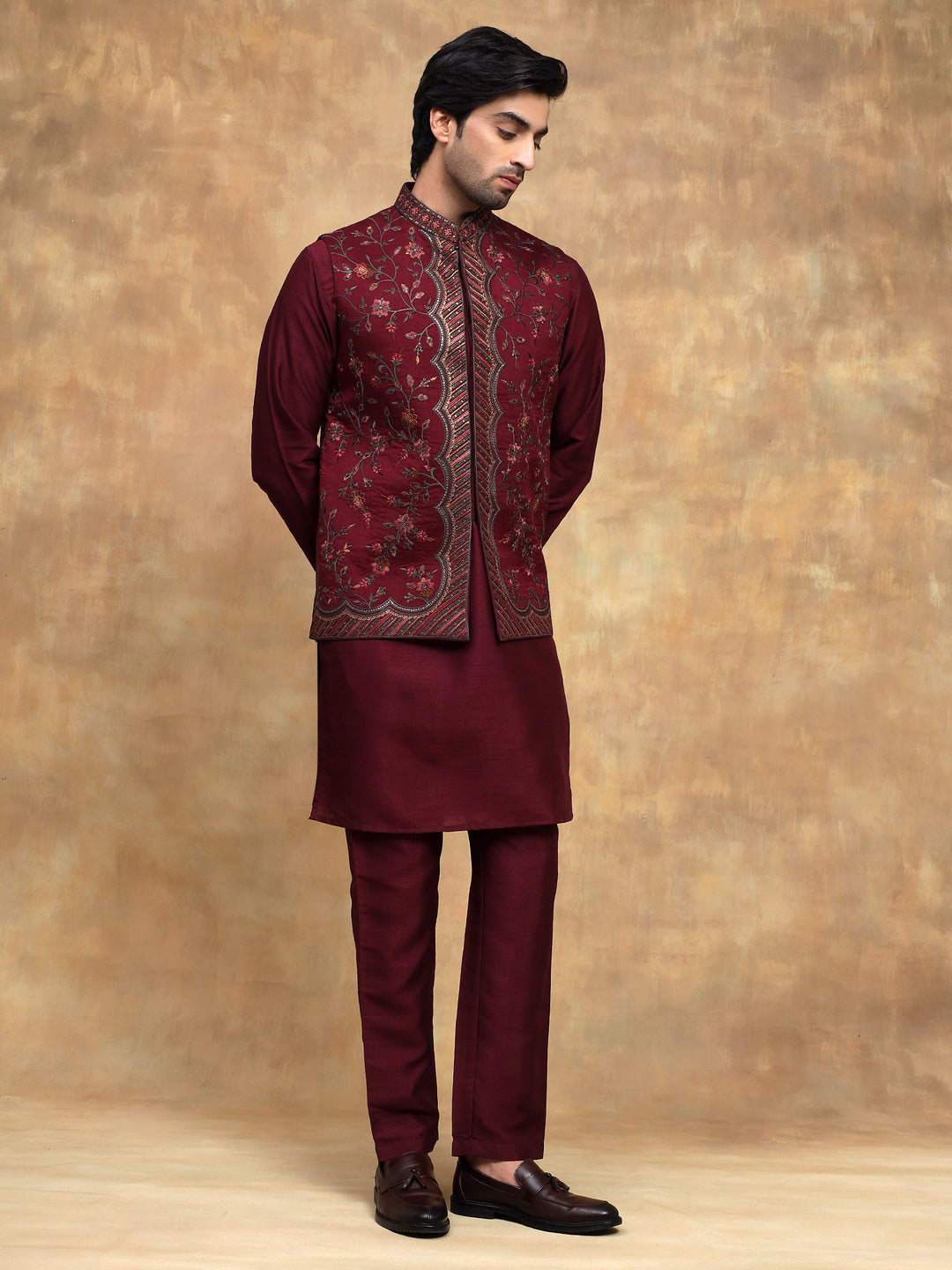 Wine Velvet Nehru Jacket Set