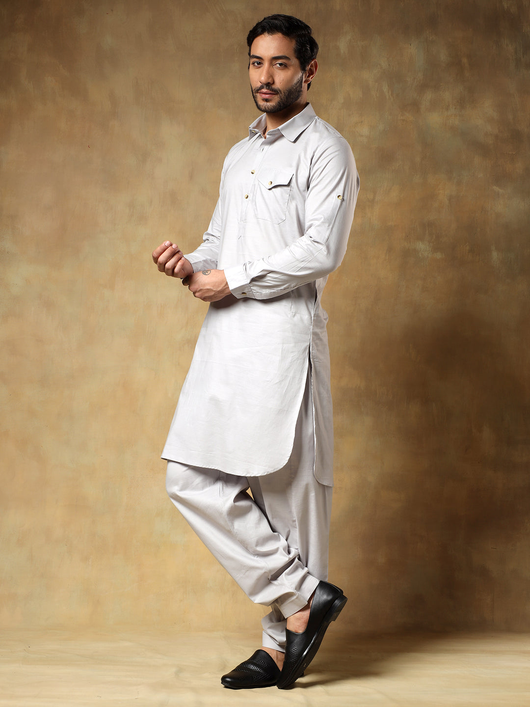 Grey Cotton Pathani Set