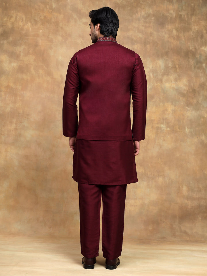 Wine Velvet Nehru Jacket Set