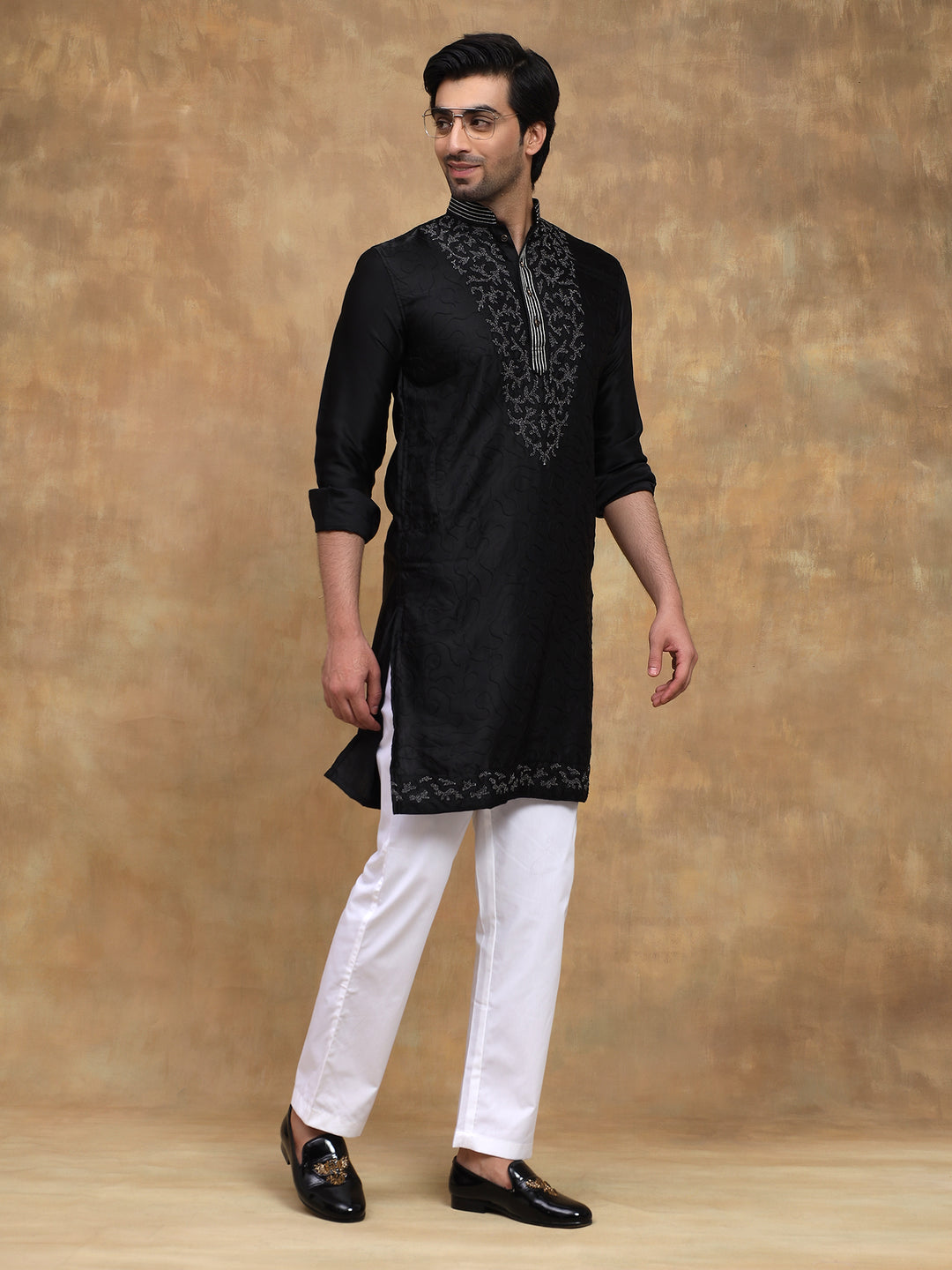 Black Refined Embroidered Kurta Set