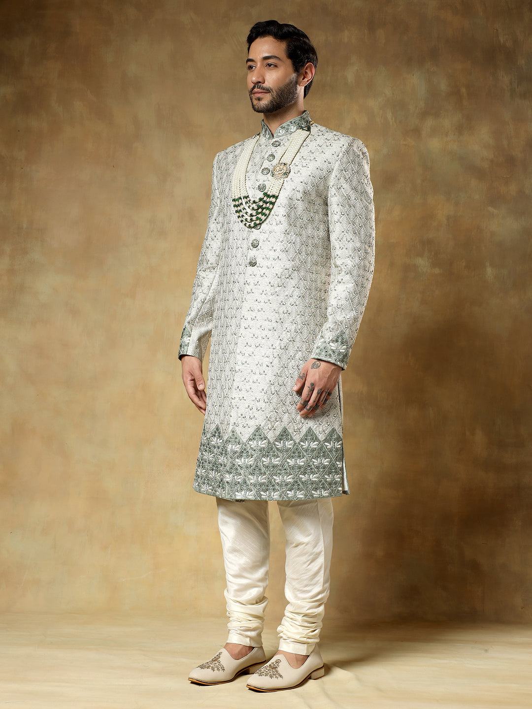 Pista Jacquard Sherwani Set