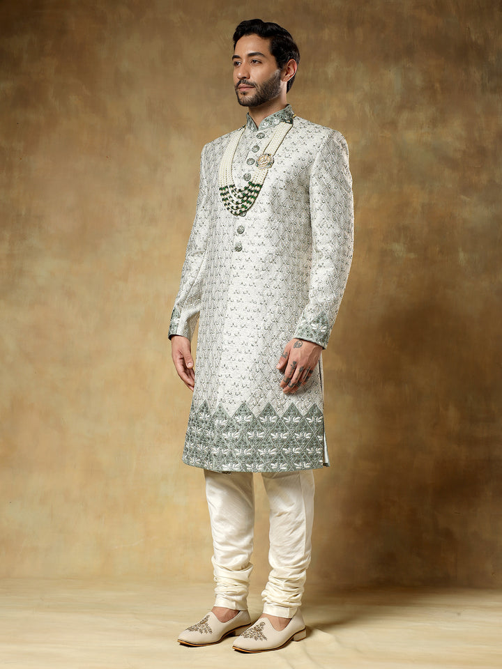 Pista Jacquard Sherwani Set