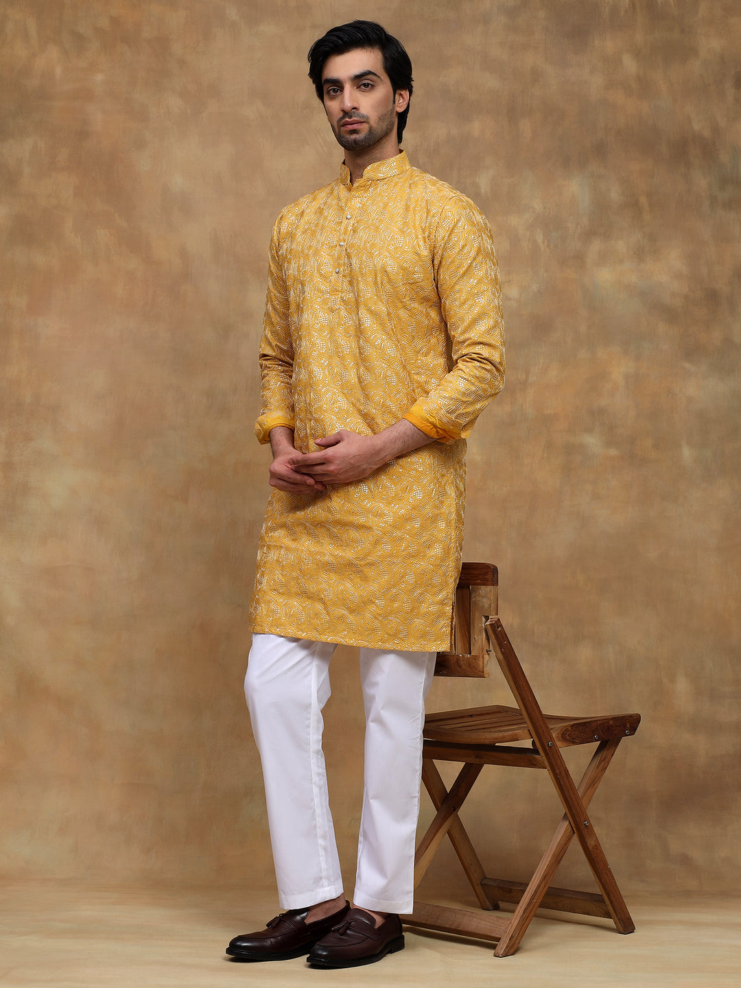 Yellow Leaf Threadwork Kurta Set