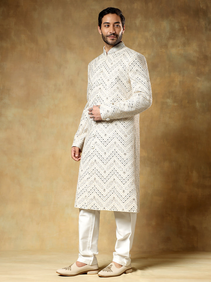 Cream Embroidered Sherwani Set