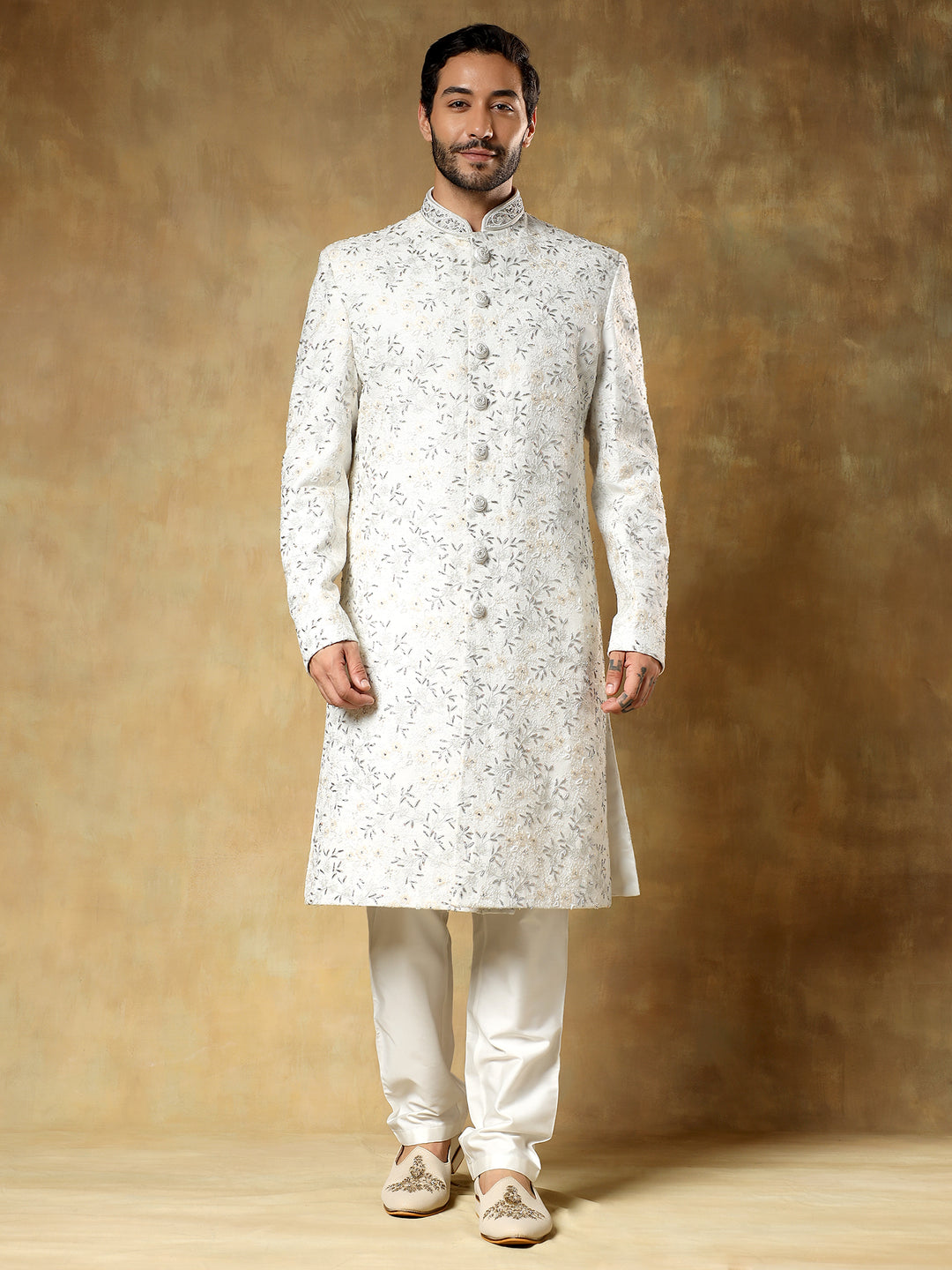 White Embroidered Sherwani Set for Groom