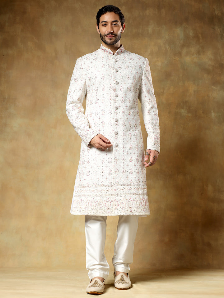 Off white Embroidered Sherwani with Stole