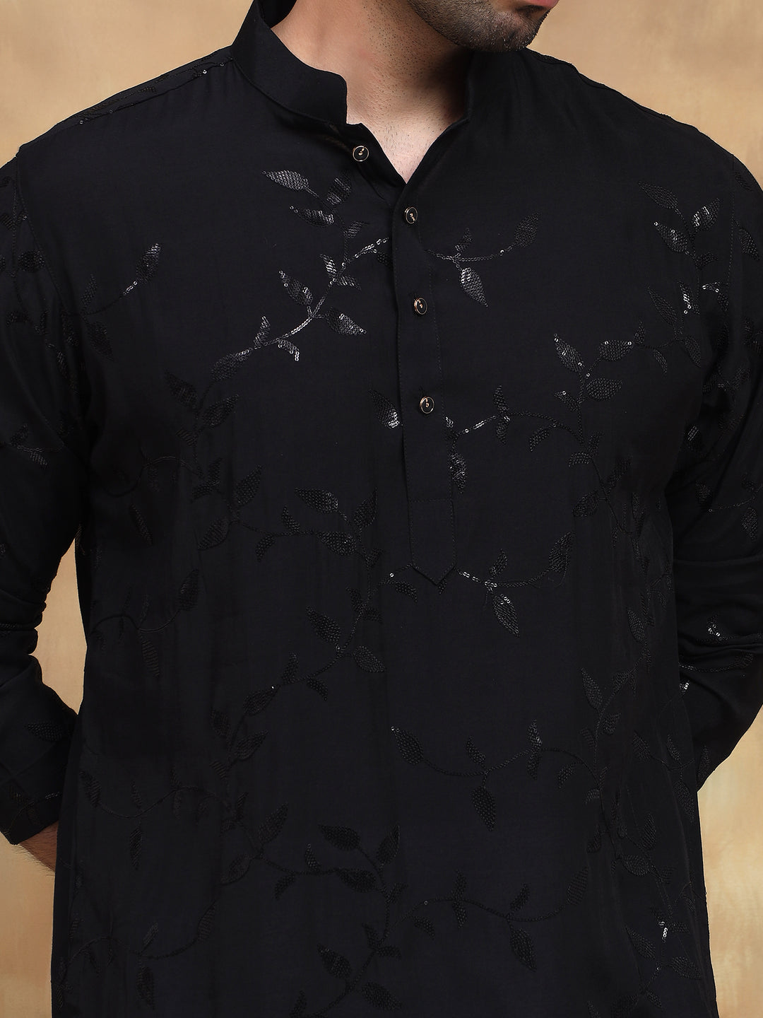 Black Leaf Embroidered Evening Kurta Set