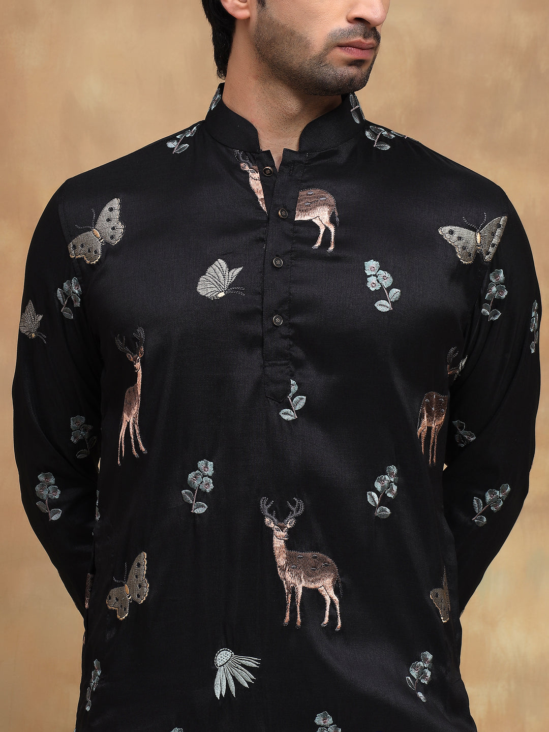 Black Nature Motif Embroidered Kurta Set