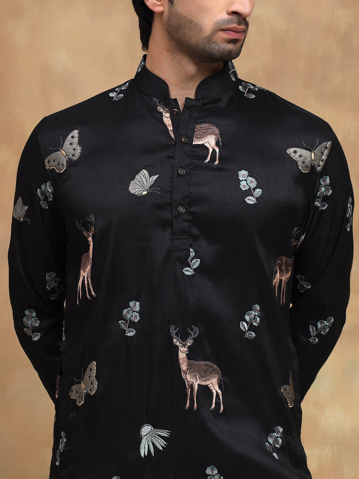 Black Nature Motif Embroidered Kurta Set