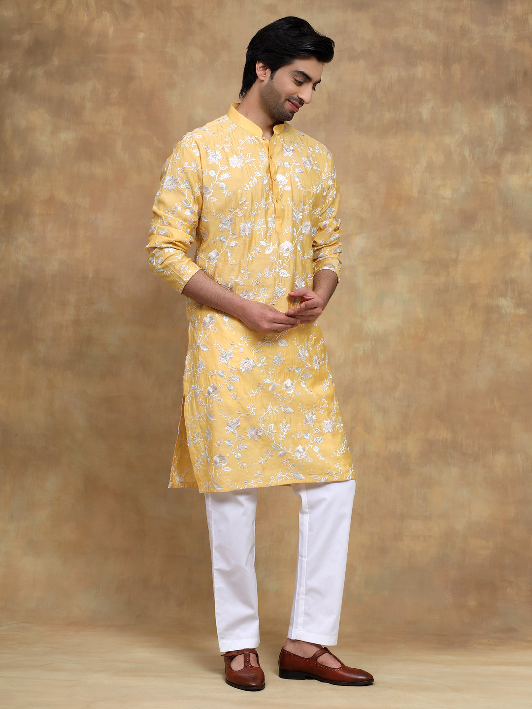 Yellow Floral Embroidered Kurta Set