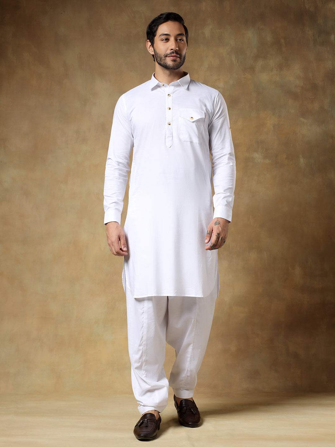 White Cotton Pathani Set