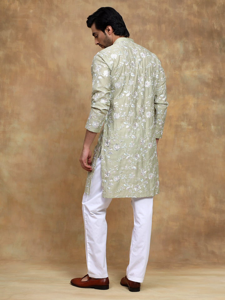 Pista Floral Embroidered Kurta Set