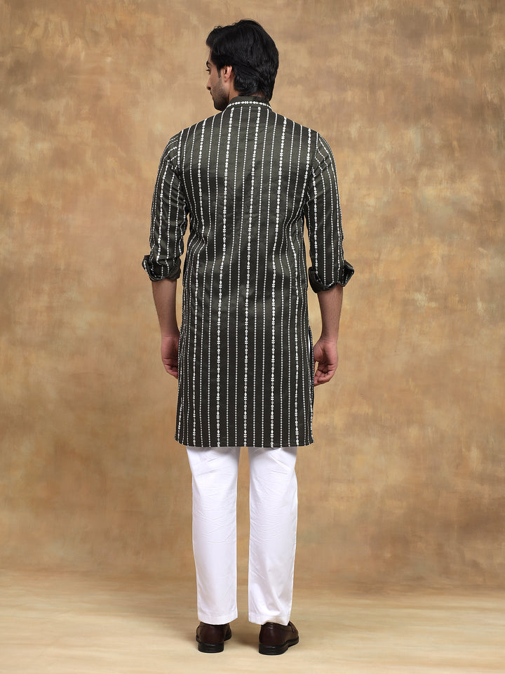 Bottle Green Vertical Threadwork Kurta Set