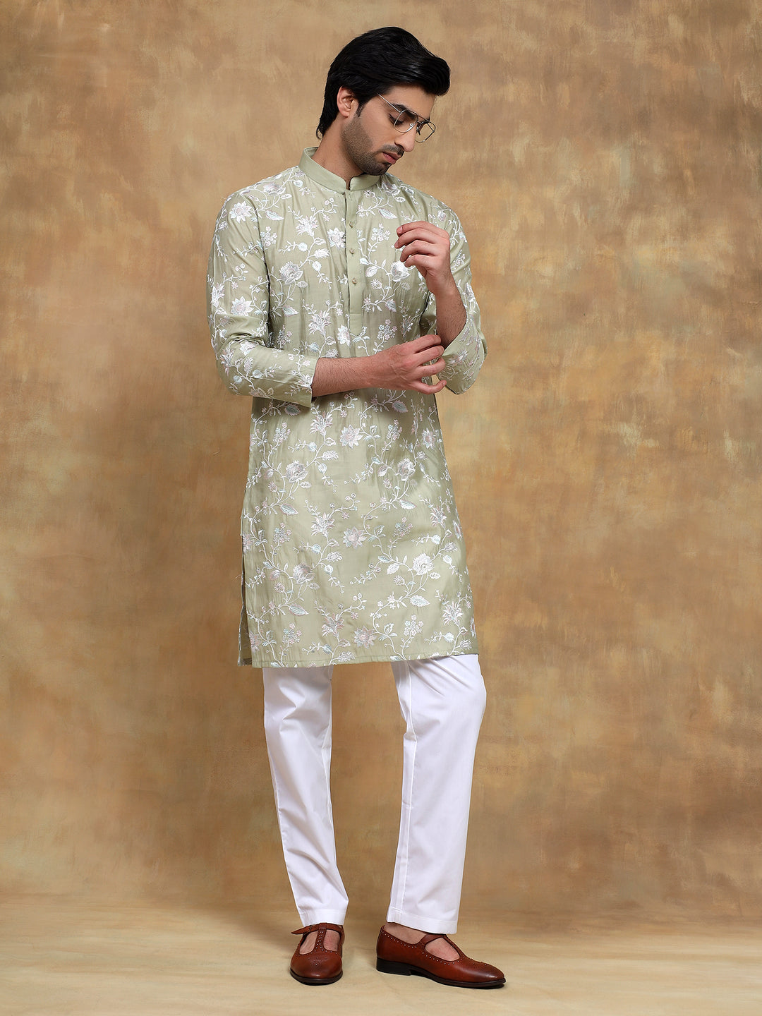 Pista Floral Embroidered Kurta Set