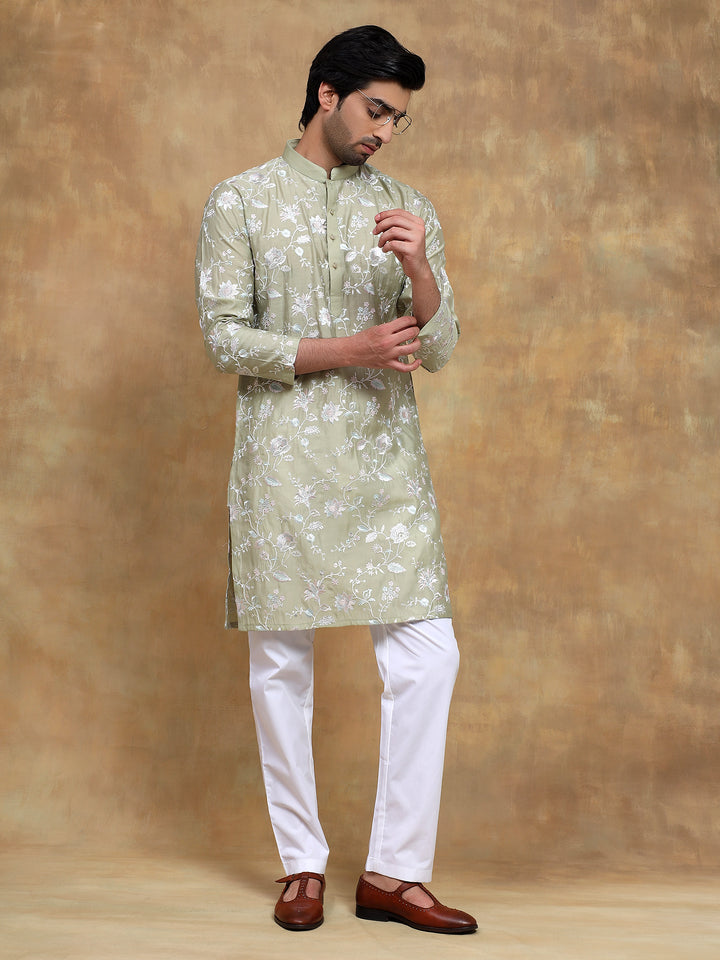 Pista Floral Embroidered Kurta Set