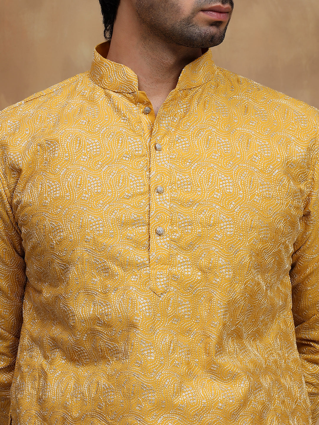 Yellow Leaf Threadwork Kurta Set