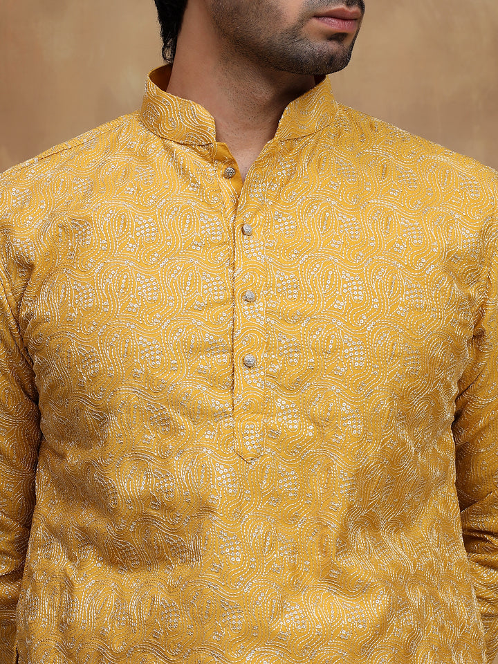 Yellow Leaf Threadwork Kurta Set