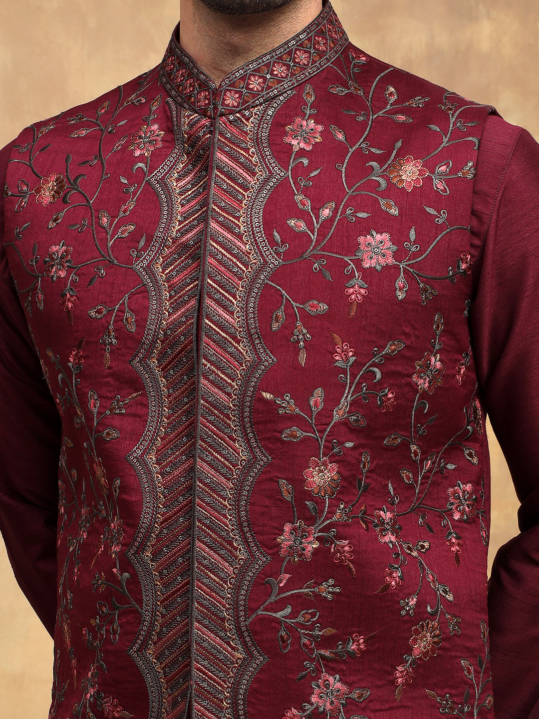 Wine Velvet Nehru Jacket Set