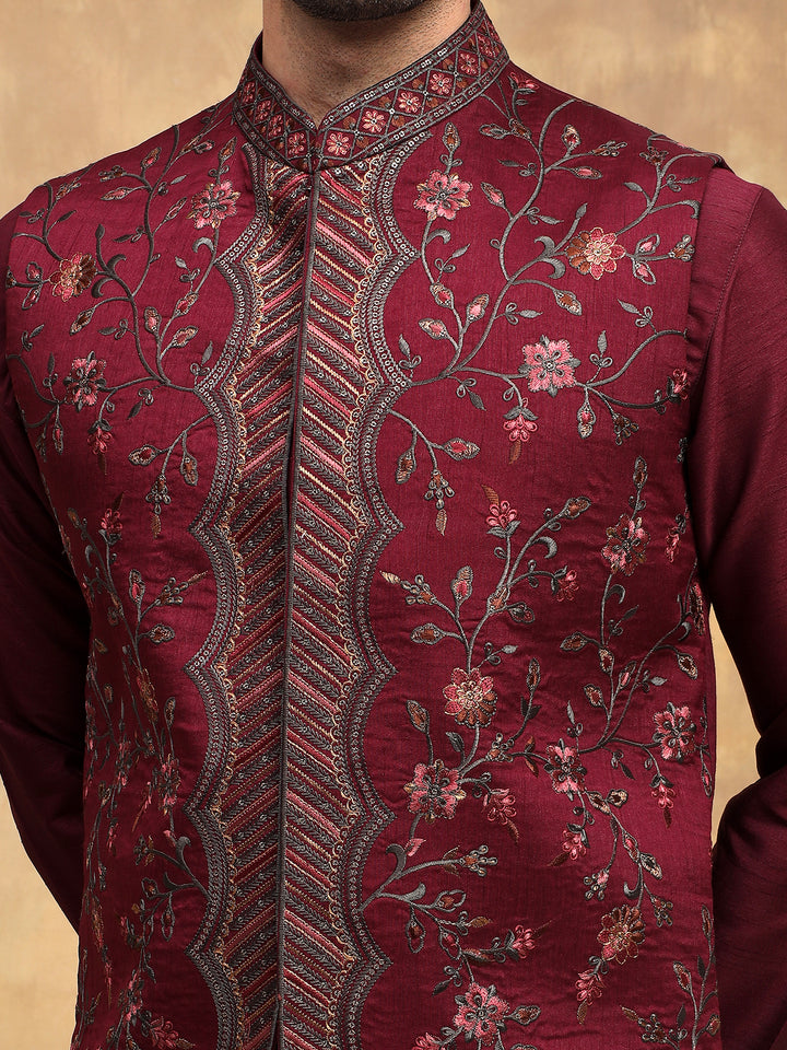 Wine Velvet Nehru Jacket Set