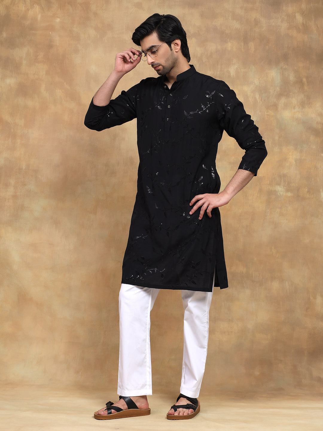 Black Leaf Embroidered Evening Kurta Set