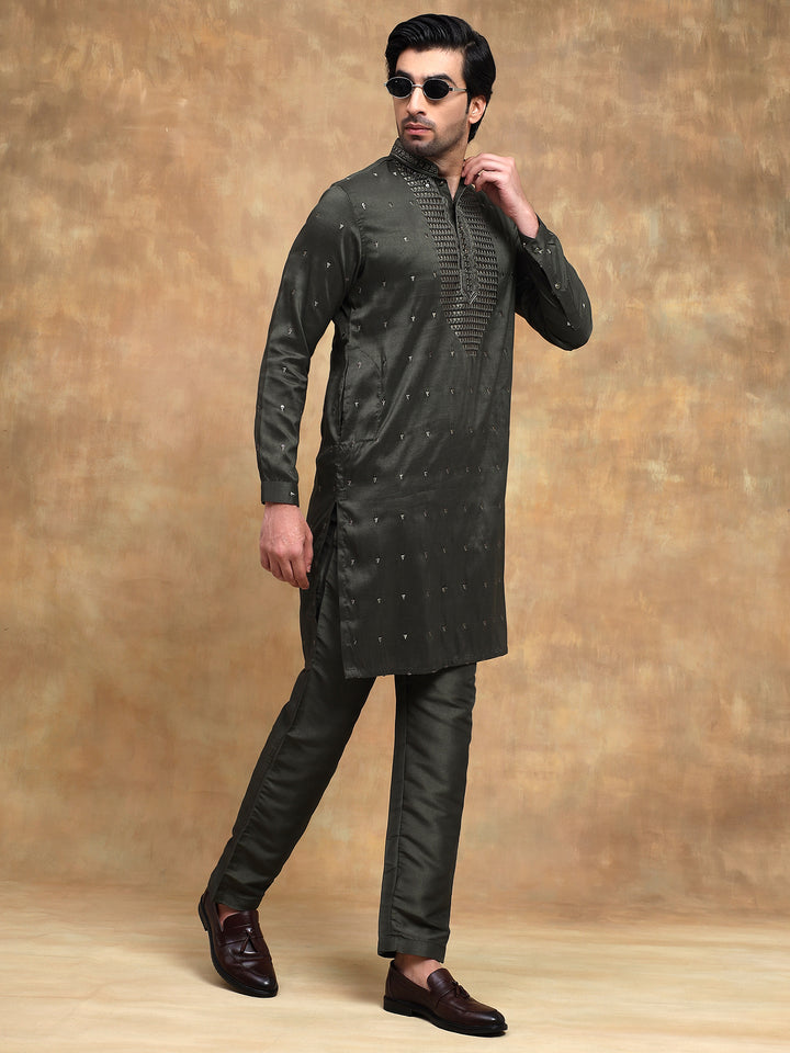 Mehandi Front Embroidered Kurta Set