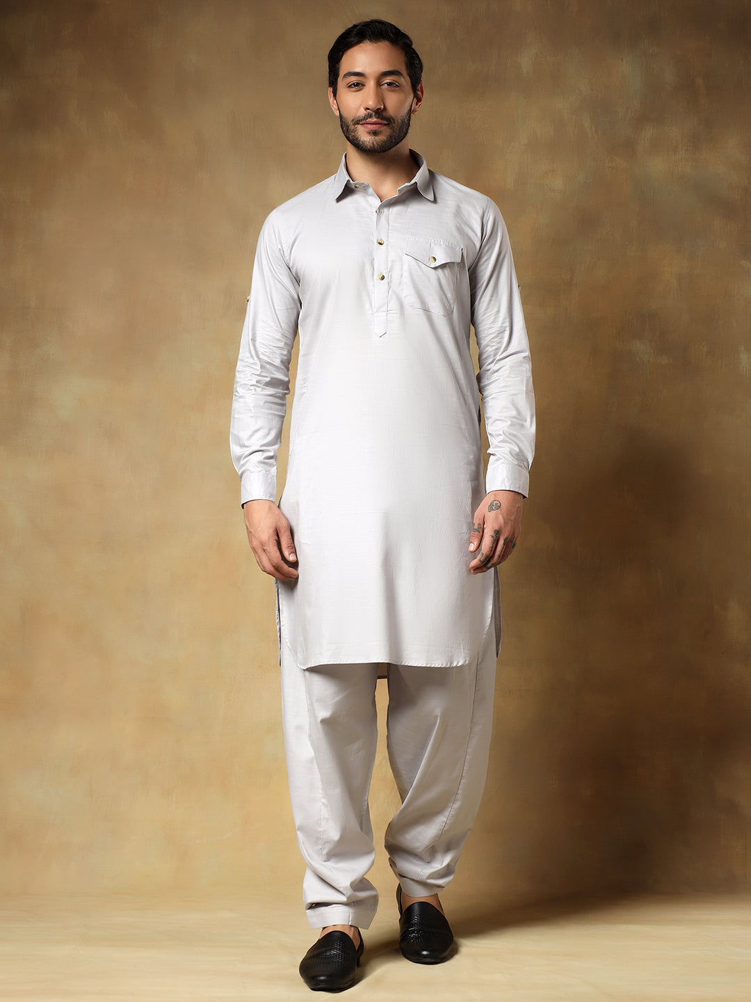 Grey Cotton Pathani Set