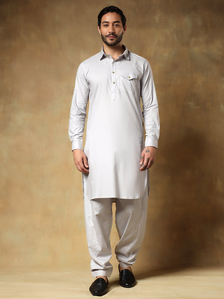 Grey Cotton Pathani Set