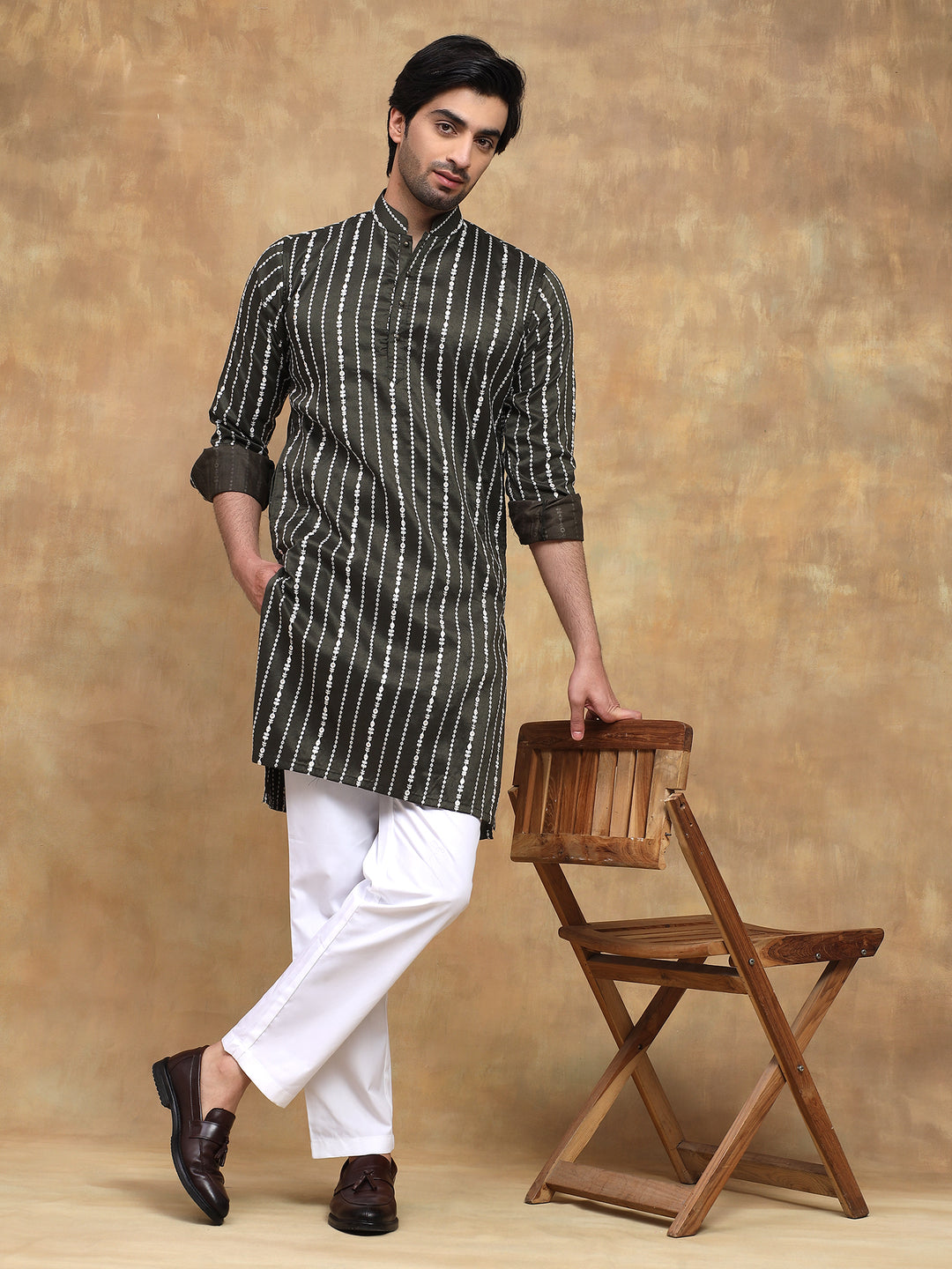 Bottle Green Vertical Threadwork Kurta Set