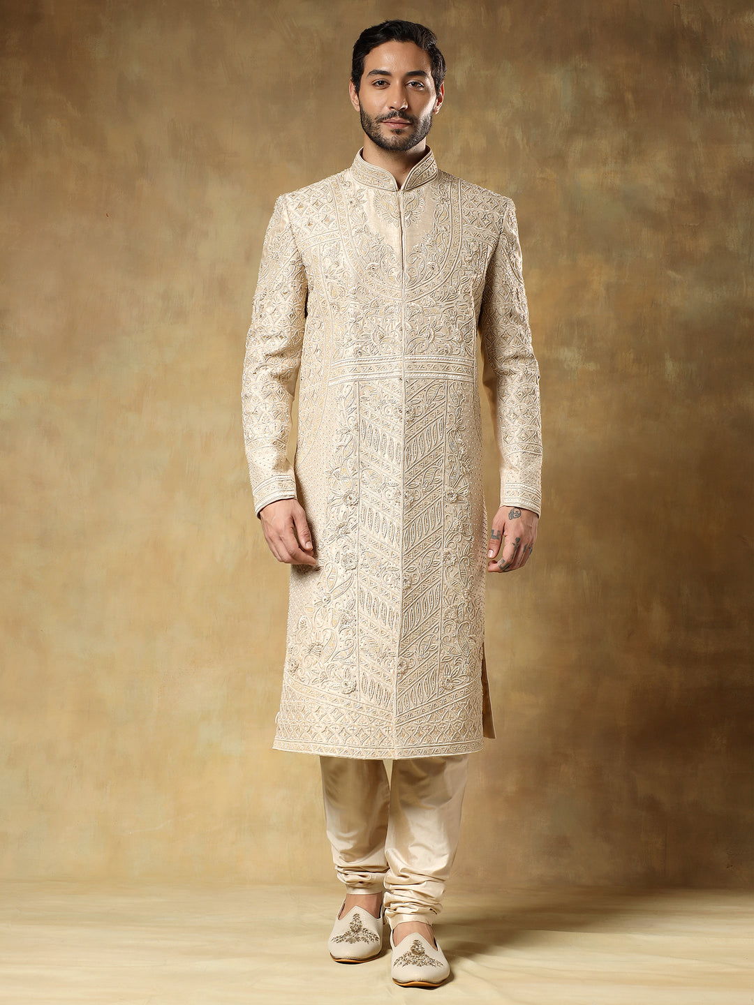 Fawn Embroidered Sherwani set