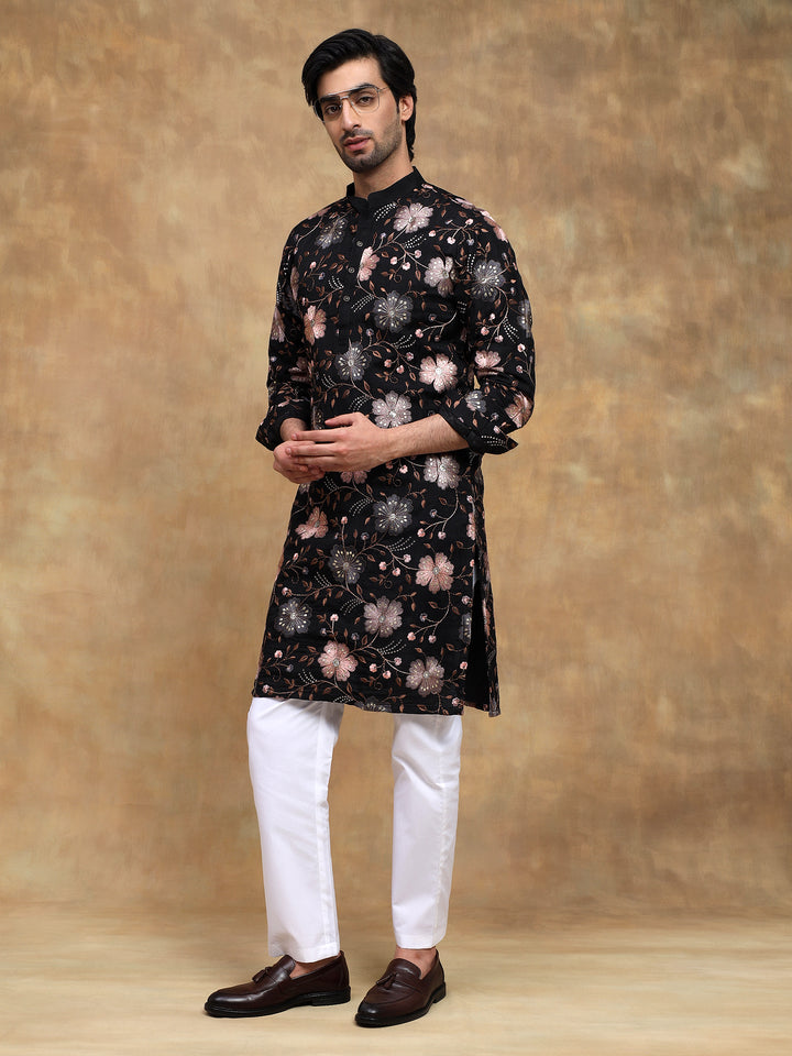 Black Floral Embroidered Kurta Pyjama