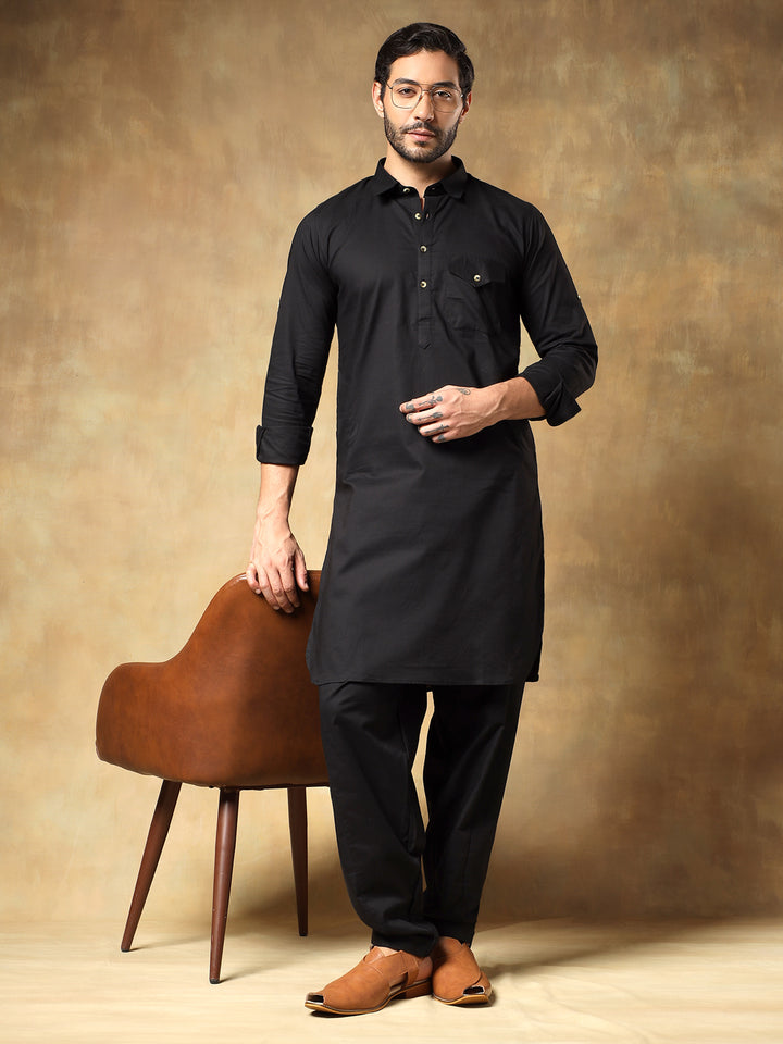 Black Cotton Pathani Set