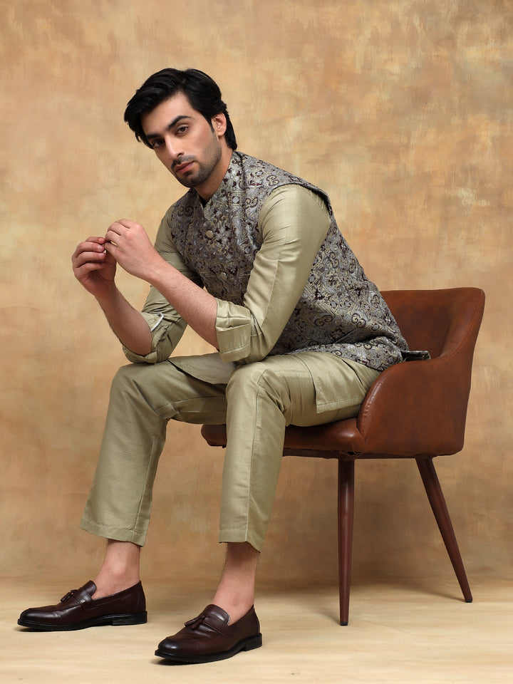 Pista Mirror Embroidered Kurta Set