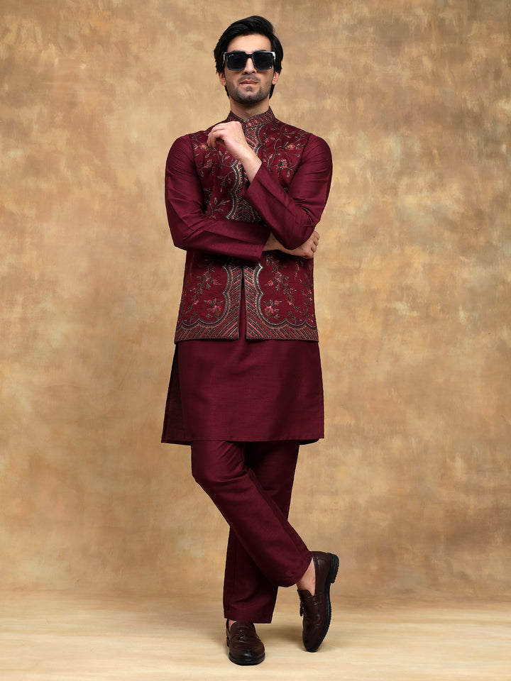Wine Velvet Nehru Jacket Set
