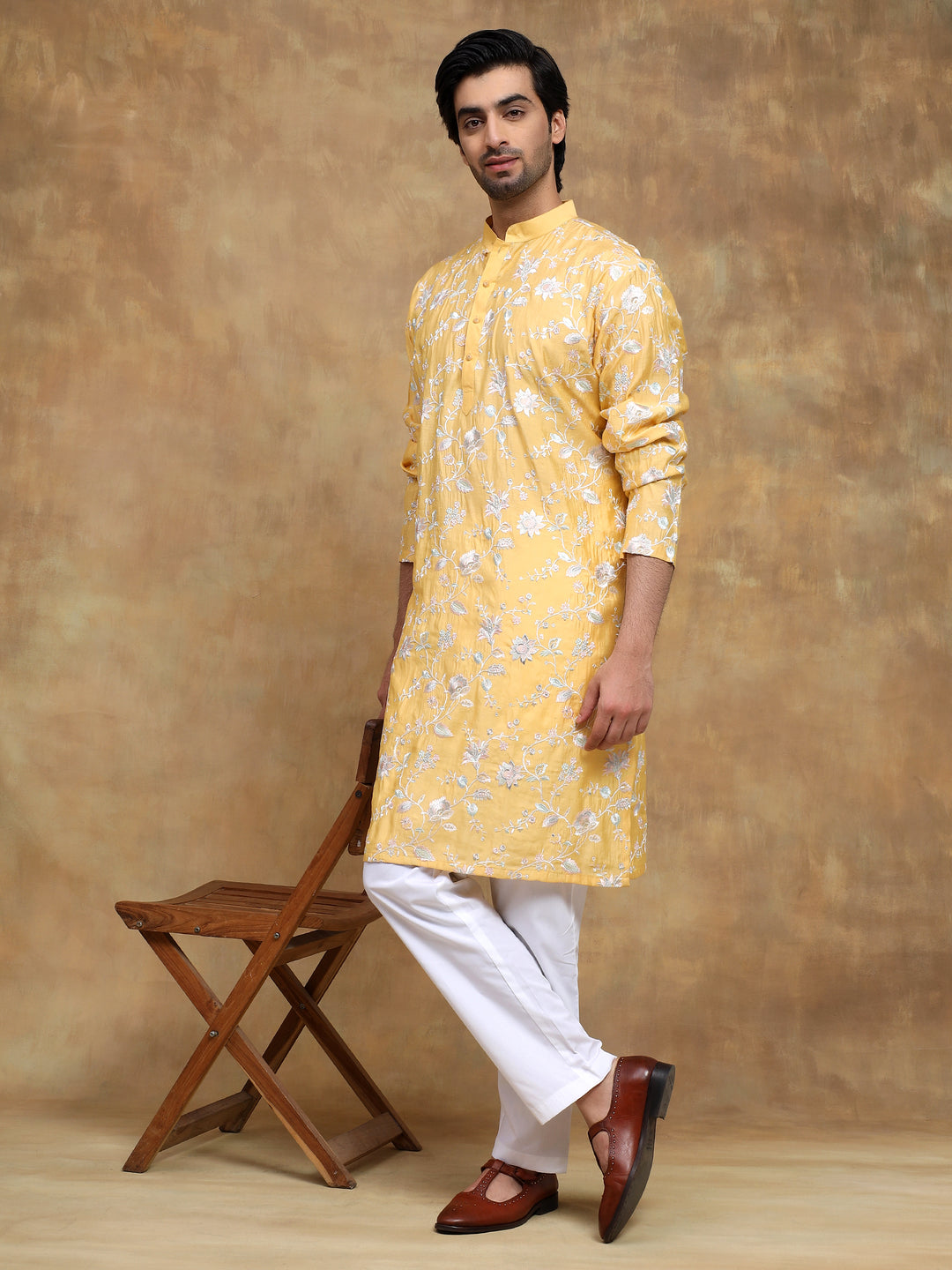 Yellow Floral Embroidered Kurta Set