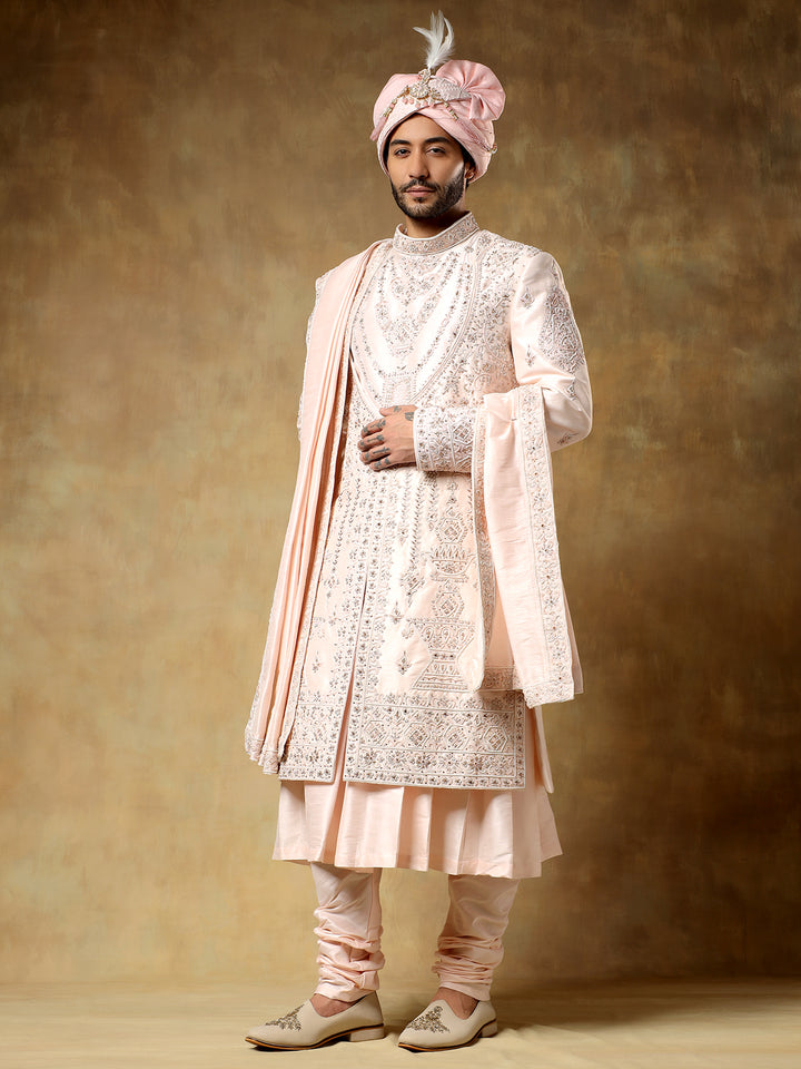 Pink Embroidered Sherwani with Stole